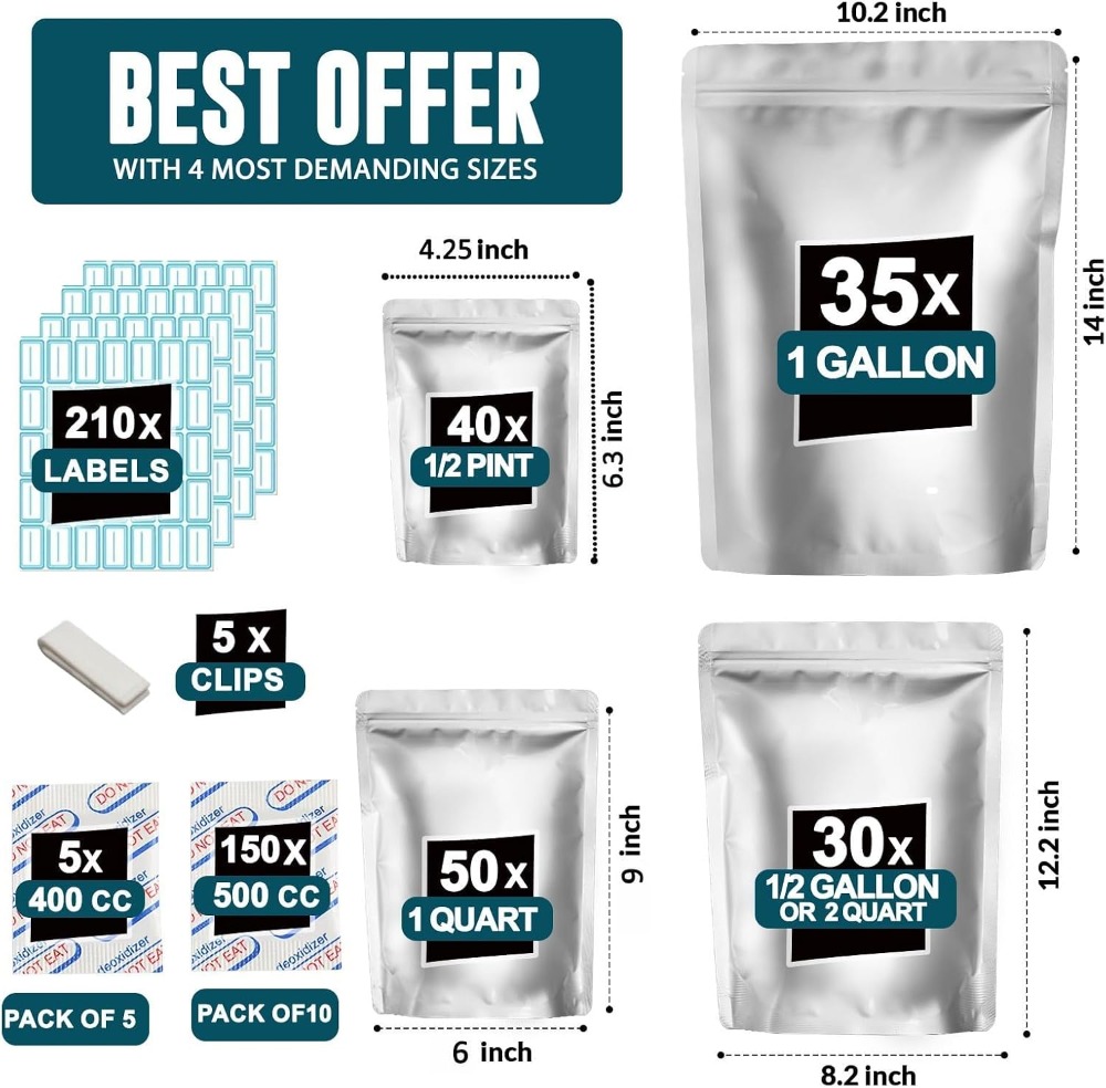 155 Mylar Bags with 155 Oxygen - Food Storage Label recension och pris